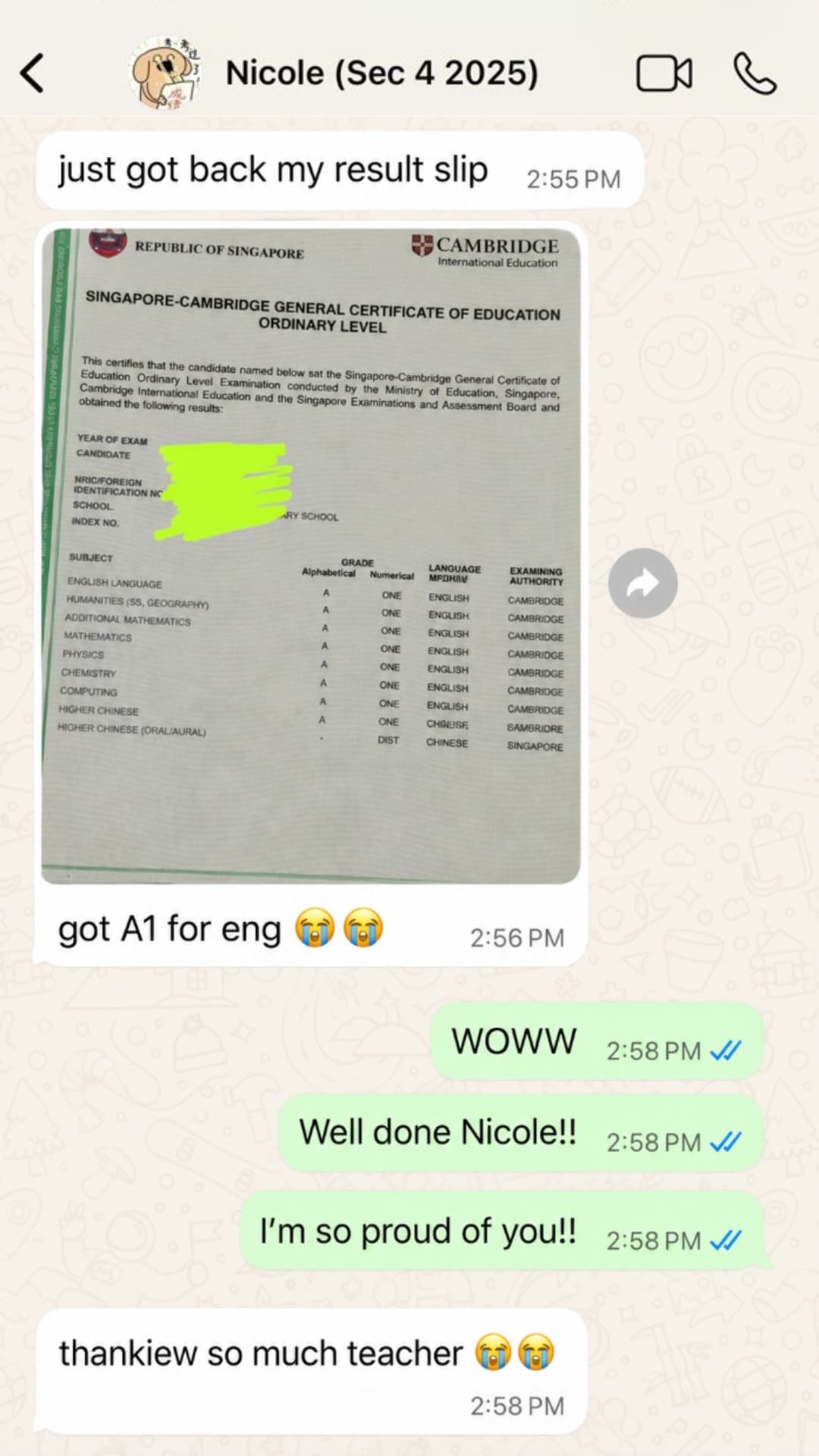 Student result update screenshot for Zespa Learning Lower Secondary English tuition