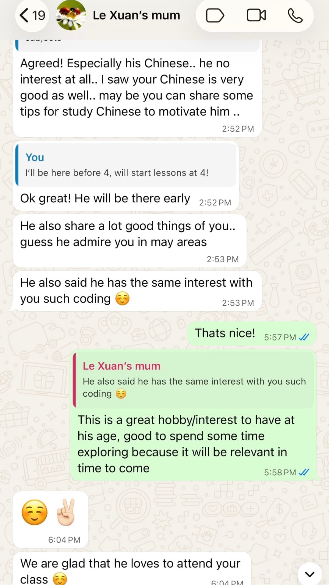 WhatsApp screenshot showing parent feedback about a student's O-Level improvement at Zespa Learning