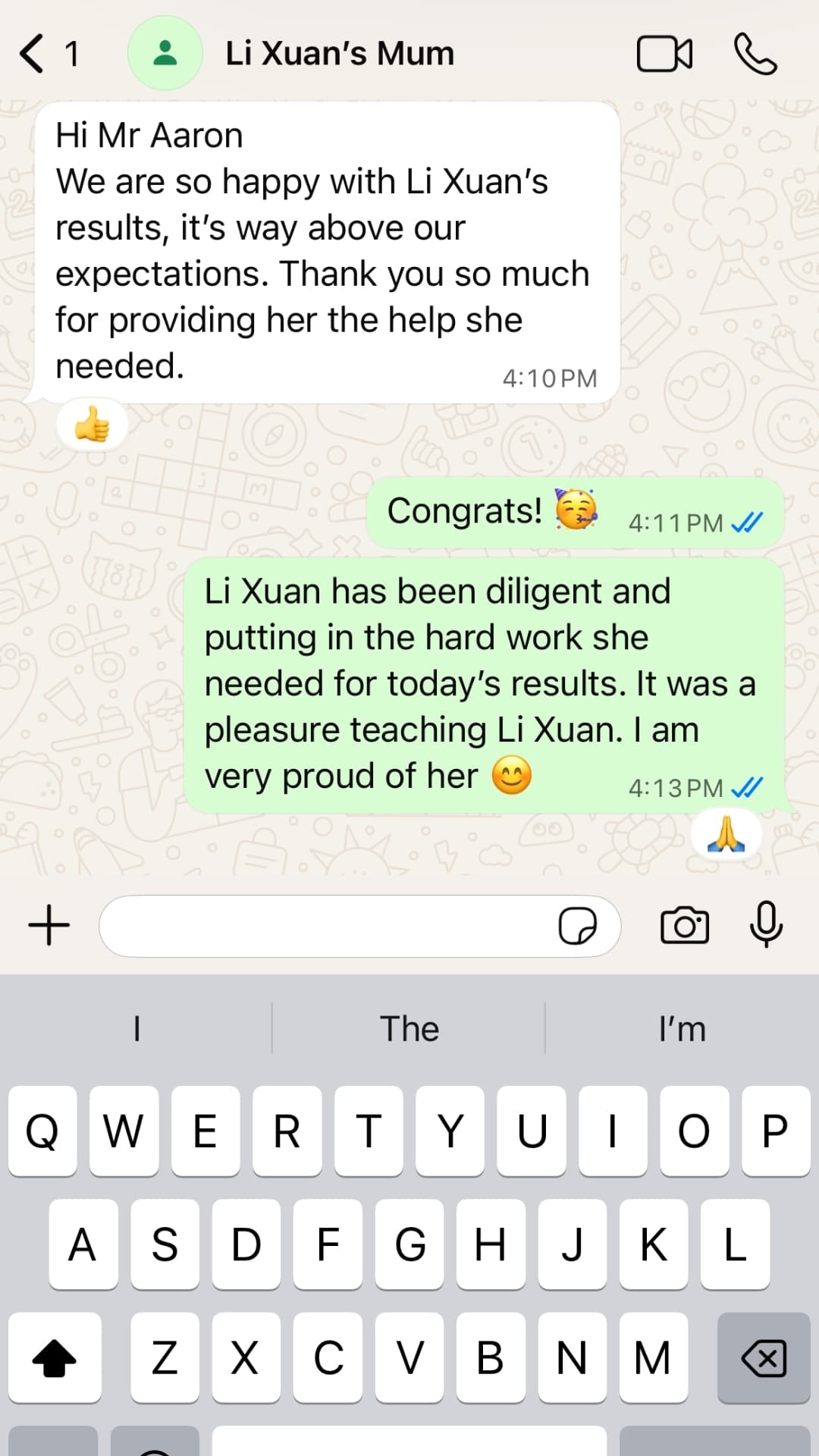 WhatsApp screenshot showing parent result update for a Zespa Learning Upper Secondary student