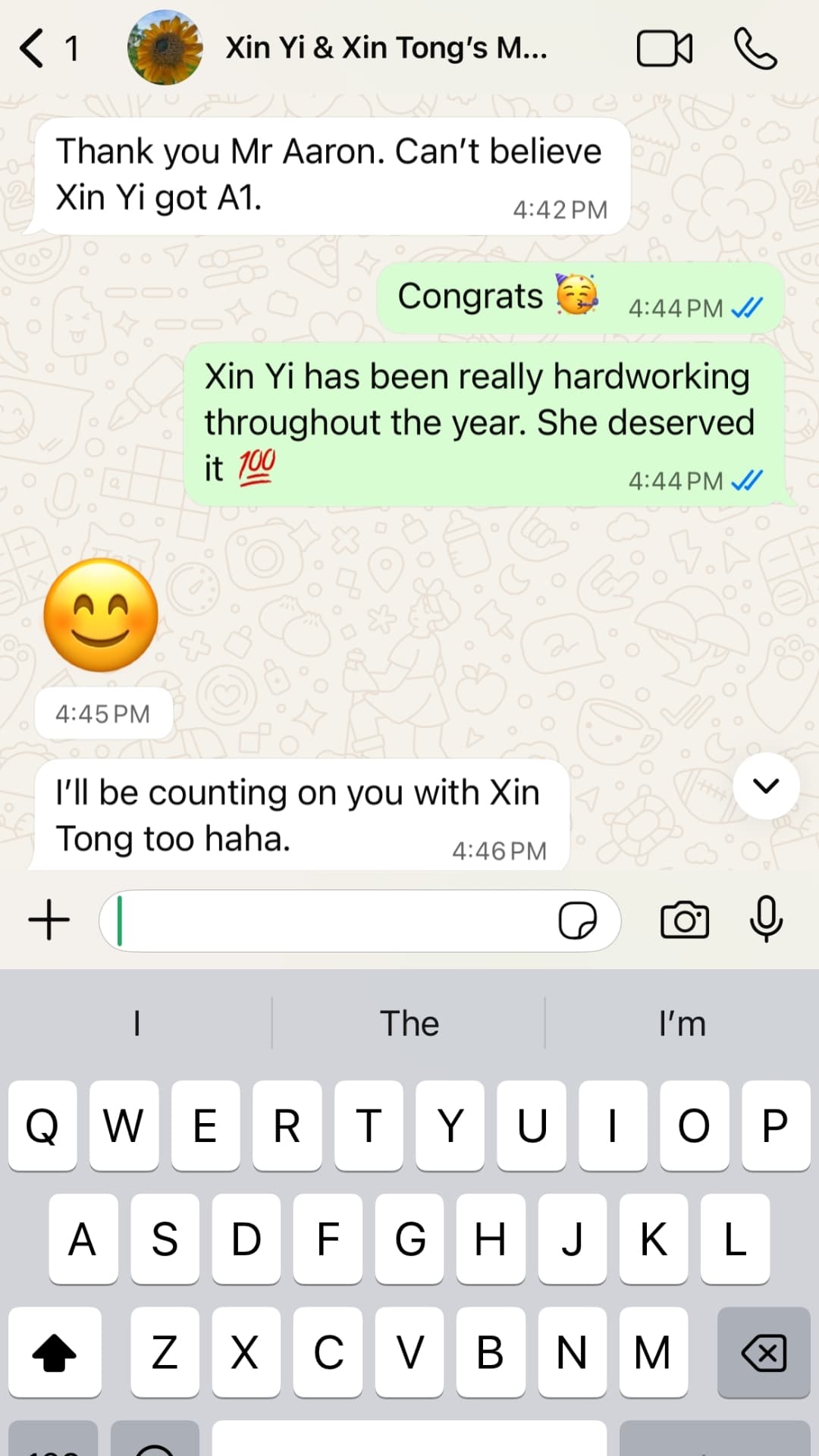 WhatsApp screenshot showing parent satisfaction with Zespa Learning Upper Secondary lessons